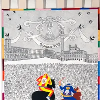 Il Drappellone del Palio del 2 luglio 2018, dipinto da Emilio Giannelli